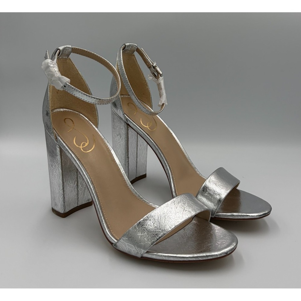 Sam Edelman Yaro Women's 9.5 M Silver Leather Block Heel Ankle Strap E85111N028
